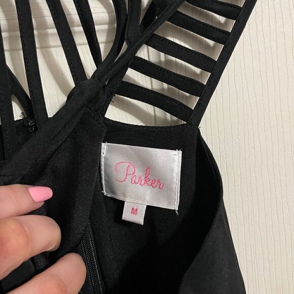 Parker Womens Black 100% Silk Strappy Cut Out Neck Fit & Flare Mini Dress Medium - Picture 2 of 10